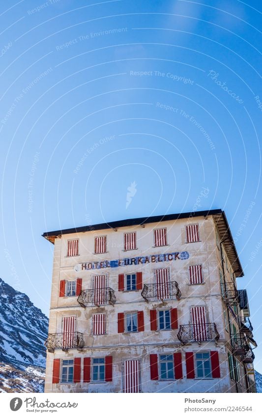 Hotel in view Beautiful weather House (Residential Structure) Old Esthetic Sharp-edged Blue Red White Snow Mountain Dismantling Vintage Colour photo