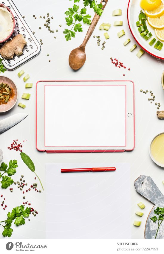 Healthy food and tablet on white tablet Food Organic produce Vegetarian diet Diet Crockery Shopping Style Design Healthy Eating Table Computer Notebook Paper