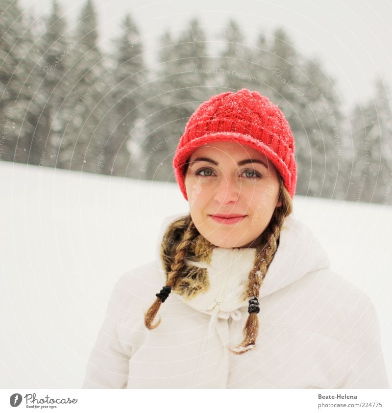 Snow White and Rose Red Young woman Youth (Young adults) 1 Human being 18 - 30 years Adults Winter Snowfall Jacket Cap Blonde Braids To enjoy Smiling Authentic