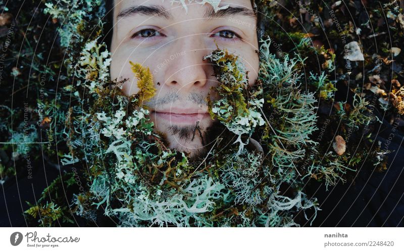 Young man with moss as beard Exotic Face Harmonious Senses Human being Masculine Man Adults 1 18 - 30 years Youth (Young adults) Environment Nature Plant Winter