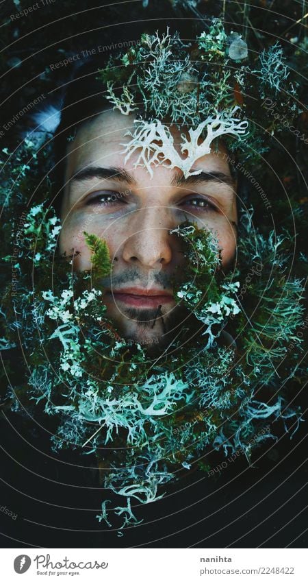 Artistic portrait of a mail covered by moss Exotic Skin Face Human being Masculine Man Adults 1 30 - 45 years Environment Nature Plant Spring Winter Moss