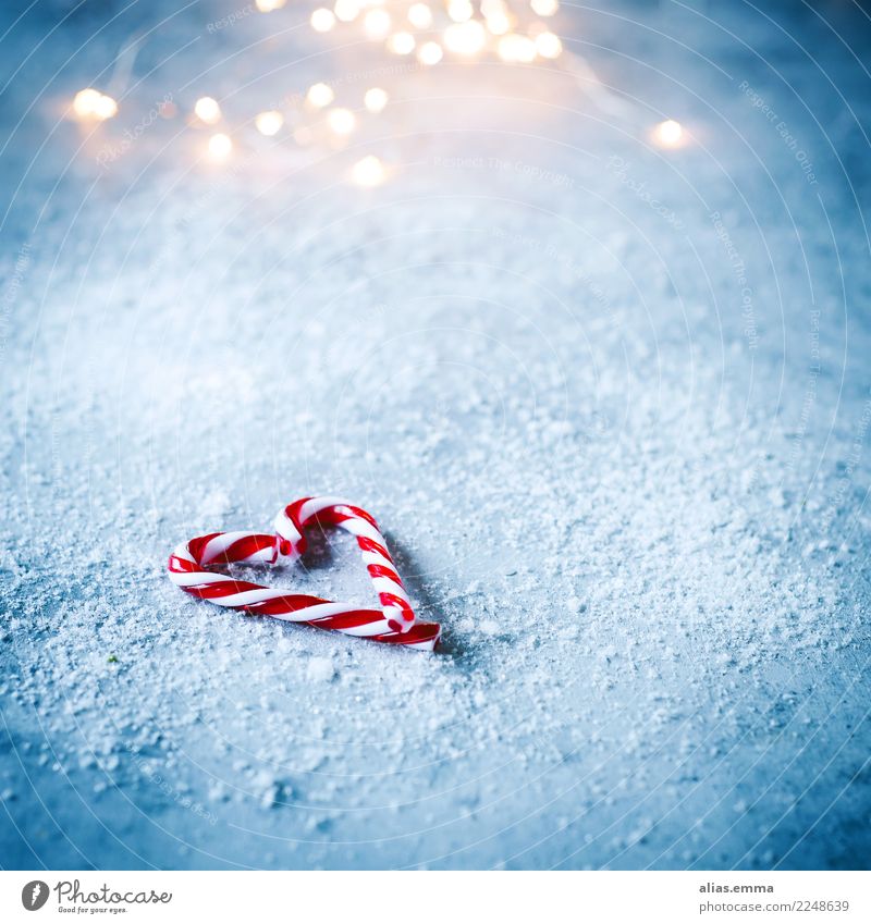 candy canes Candy Candy cane Christmas & Advent Heart Blue Blur Winter Snow Snowfall Christmas gift Card Copy Space Christmas decoration Decoration Heart-shaped