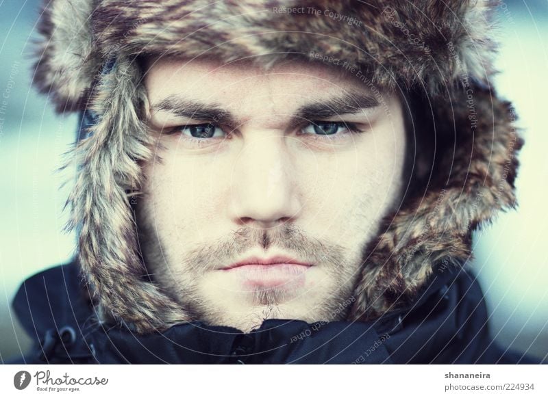 Nanook of the North Style Human being Masculine Young man Youth (Young adults) Face Winter Cap Facial hair Freeze Cold Rebellious Strong Blue Cool (slang) Power