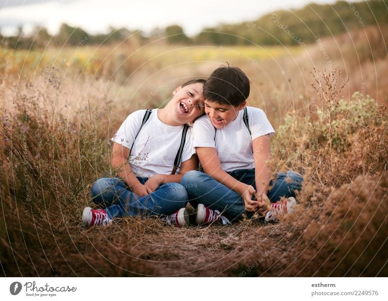 smiling brothers in the field Lifestyle Joy Human being Masculine Child Boy (child) Brothers and sisters Family & Relations Friendship Infancy 2 3 - 8 years