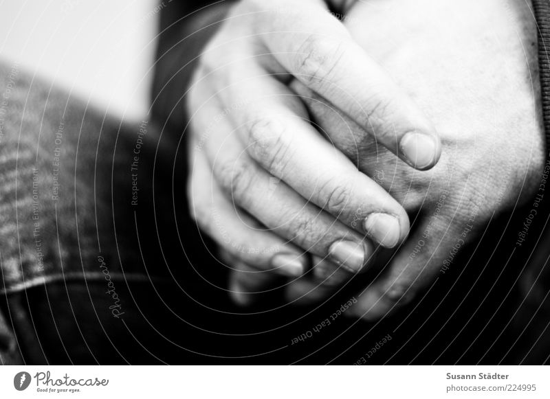 feel. Masculine Hand Fingers Wait Fingernail Folded Thin Black & white photo Interior shot Close-up Detail Copy Space left Blur Men`s hand Patient Finger joint
