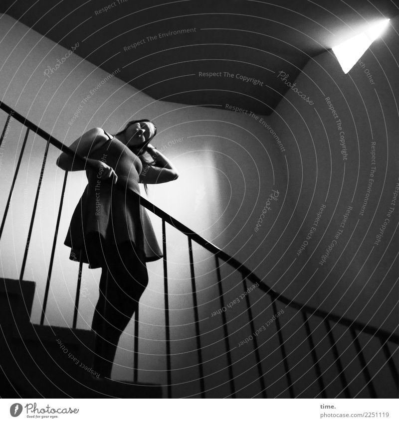 Woman in staircase Feminine Adults 1 Human being Wall (barrier) Wall (building) Stairs Staircase (Hallway) Lightshaft Banister Dress Brunette Long-haired