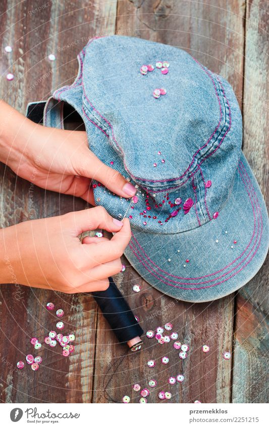 Decorating cap with sequins following diy ideas Design Leisure and hobbies Decoration Table Craft (trade) Scissors Young woman Youth (Young adults) Woman Adults