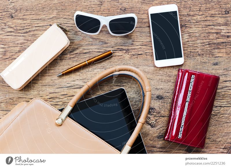 Things pulled out of handbag Lifestyle Shopping Elegant Style Contentment Desk Telephone Cellphone PDA Accessory Bag Sunglasses Pen To fall Above Handbag mobile