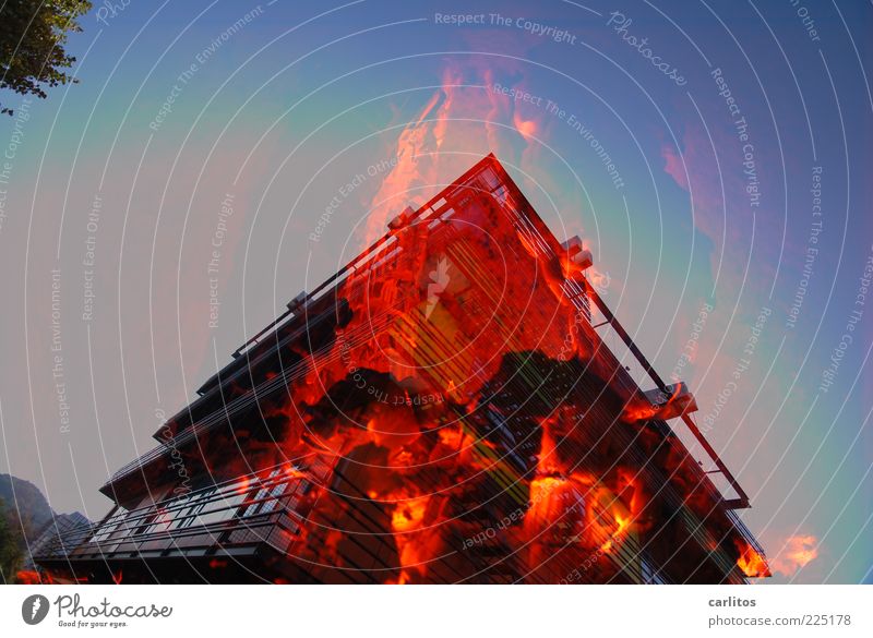 thermography Fire Cloudless sky Warmth Bank building Building Facade Window Illuminate Sharp-edged Hot Blue Red Black Dangerous Chaos Apocalyptic sentiment