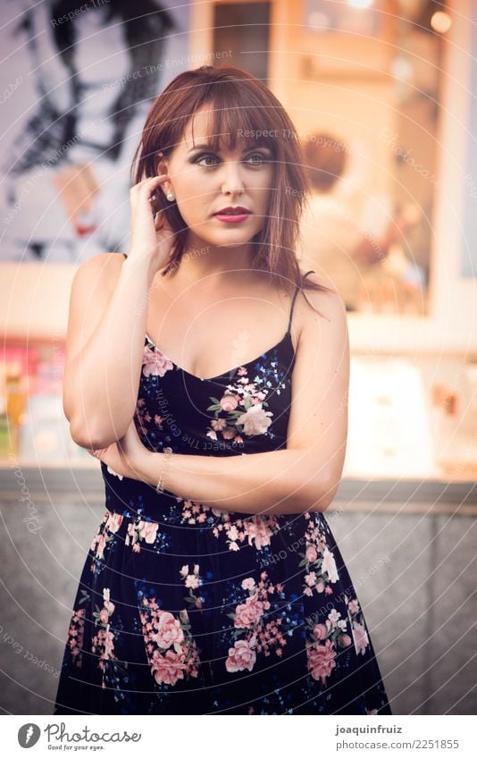 beauty redhead girl in street wearing a flower dress Lifestyle Shopping Style Happy Beautiful Woman Adults Street Fashion Dress Eroticism Hip & trendy Cute