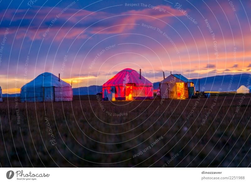 Yurts in twilight, Song Kul Vacation & Travel Tourism Camping Summer Mountain House (Residential Structure) Culture Nature Landscape Grass Meadow Hill Lake Wood