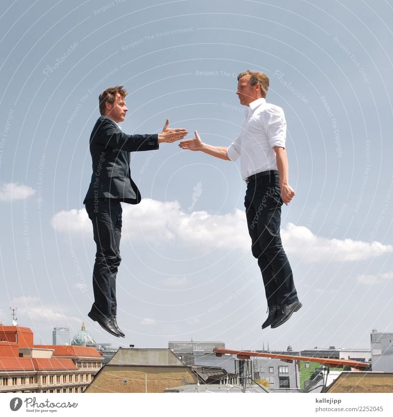 Two businessmen shaking hands in the air Profession Workplace office Economy Financial Industry Stock market Financial institution Human being Masculine Man
