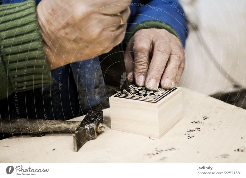 Craftsman working in his workshop wooden boxes Male senior Man Hand Fingers 1 Human being 45 - 60 years Adults Build Tradition Characteristic Craftsperson