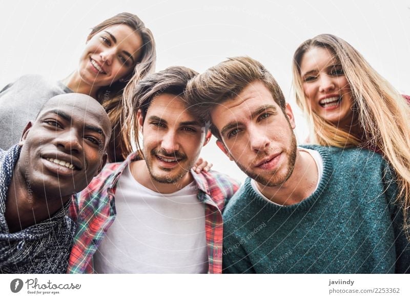 Multiracial group of friends taking selfie Lifestyle Joy Happy Academic studies Human being Young woman Youth (Young adults) Young man Woman Adults Man