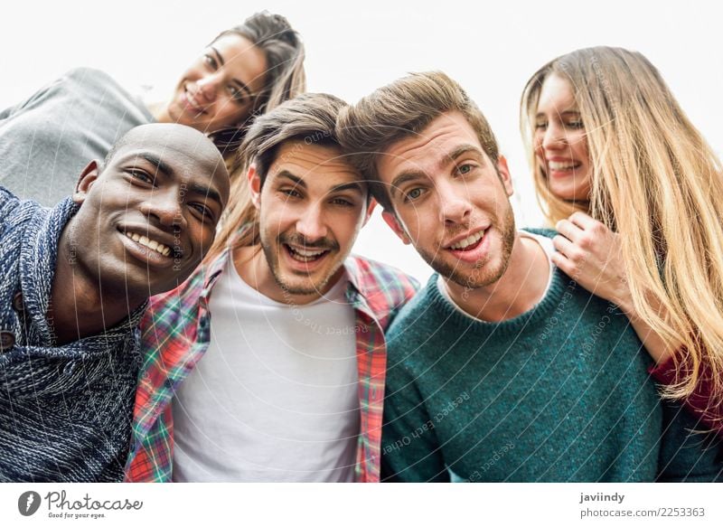 Multiracial group of friends taking selfie Lifestyle Joy Happy Beautiful Leisure and hobbies Vacation & Travel Telephone PDA Camera Technology Human being