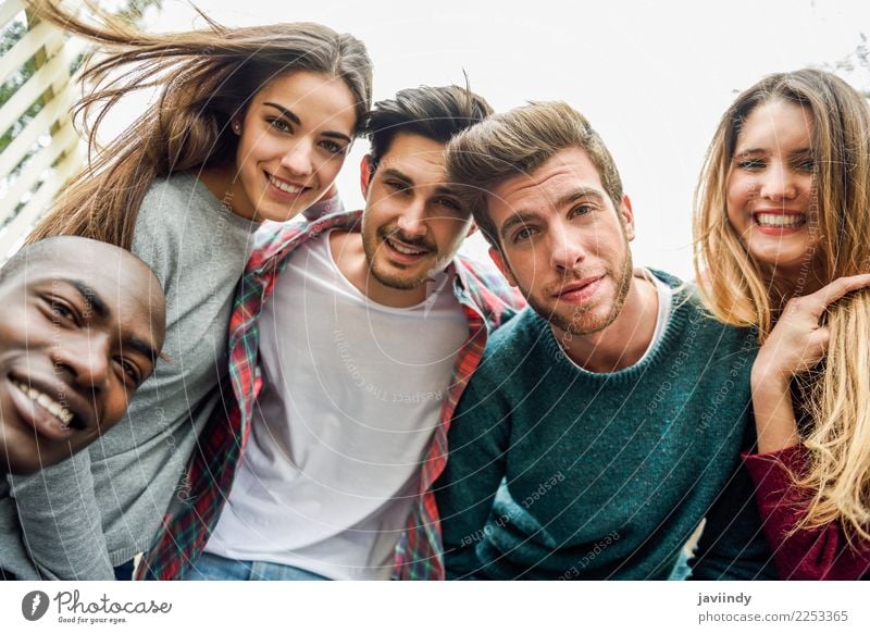 Multiracial group of friends taking selfie Lifestyle Joy Happy Beautiful Leisure and hobbies Vacation & Travel Telephone PDA Camera Technology Human being