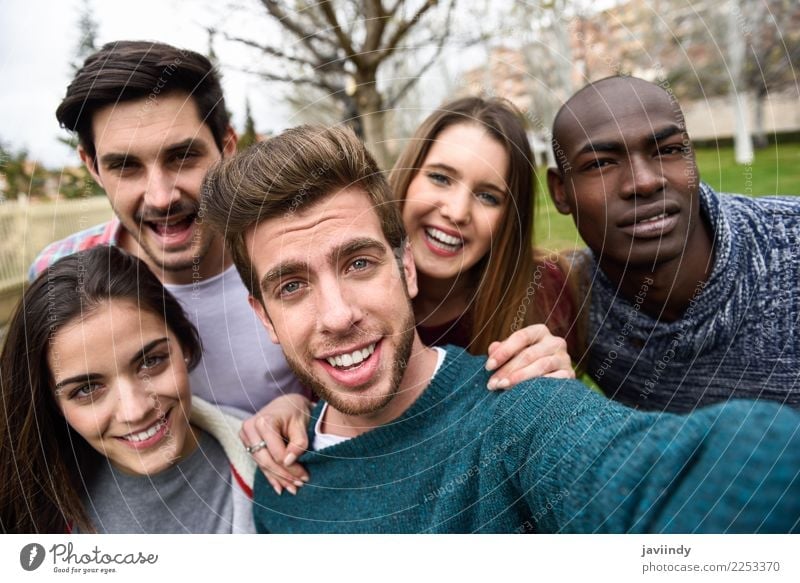 Multiracial group of friends taking selfie together Lifestyle Joy Happy Beautiful Leisure and hobbies Vacation & Travel Telephone PDA Camera Technology
