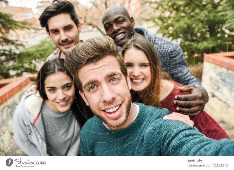 Multiracial group of friends taking selfie Lifestyle Joy Vacation & Travel Telephone PDA Camera Technology Human being Young woman Youth (Young adults)