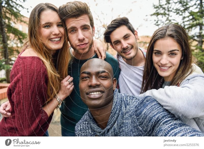 Multiracial group of friends taking selfie together Lifestyle Joy Happy Beautiful Leisure and hobbies Vacation & Travel Telephone PDA Camera Technology