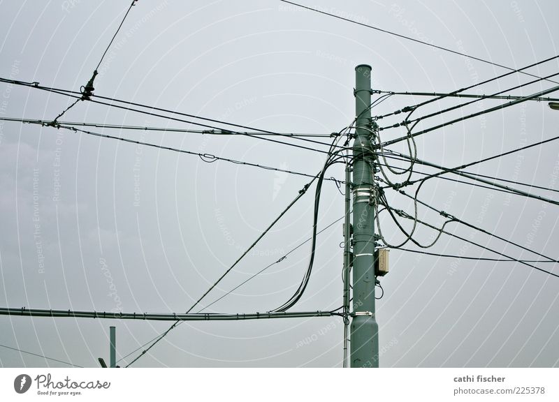 communication Cable Technology Telecommunications Information Technology Sky Clouds Bad weather Gray Black Electricity pylon Telegraph pole Metal