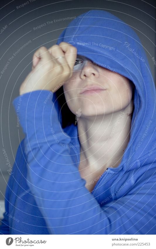 blue Feminine Young woman Youth (Young adults) Woman Adults 1 Human being 18 - 30 years Sweater Hooded (clothing) Smiling Curiosity Blue Concealed Hide