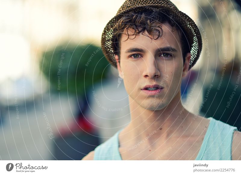 Young handsome man with sun hat in urban background Lifestyle Style Hair and hairstyles Face Summer Human being Masculine Young man Youth (Young adults) Man