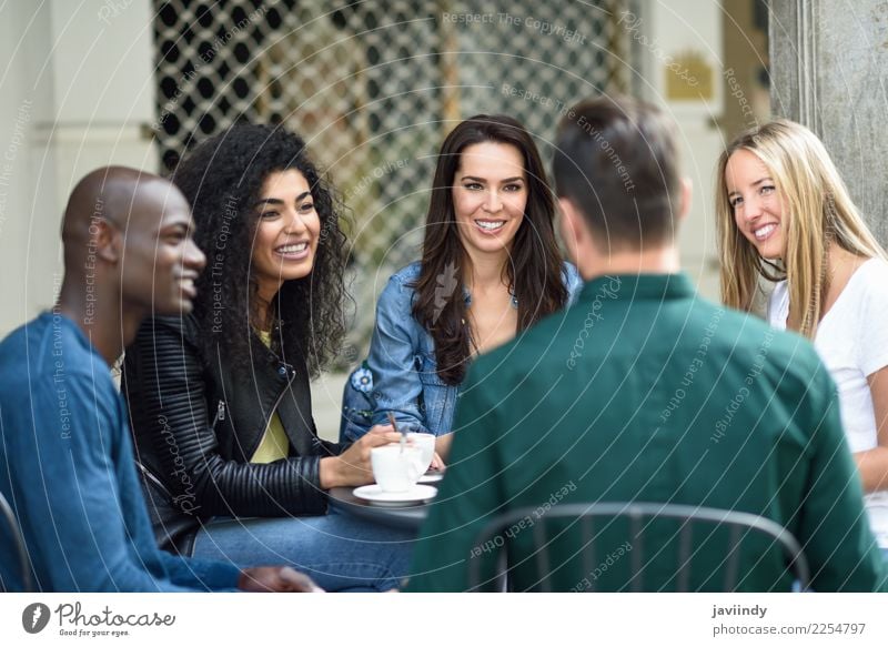 Multiracial group of three friends having a coffee together Coffee Lifestyle Shopping Joy Happy Beautiful Summer Table Meeting Human being Young woman