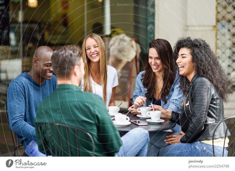 Multiracial group of five friends having a coffee together. Coffee Lifestyle Shopping Joy Happy Beautiful Summer Table Meeting Human being Young woman