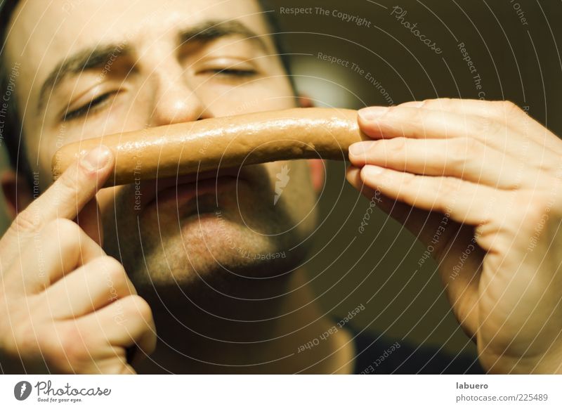 sausage sommelier Food Sausage Small sausage Man Adults Hand Fingers 1 Human being Fragrance Delicious Appetite To enjoy Odor Colour photo Interior shot