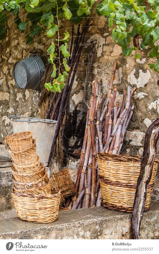 Still life of woven baskets and in the background the competition of sheet metal is lurking. The wooden sticks are just staffage and fit into their fate but they get help from the wild wine.