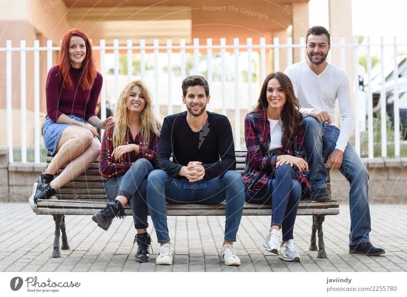 Group of young people together outdoors in urban background Lifestyle Joy Happy Beautiful Human being Feminine Androgynous Young woman Youth (Young adults)