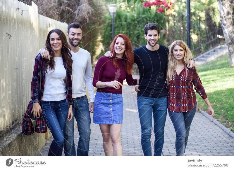 Group of students together outdoors in urban background Lifestyle Joy Happy Beautiful Human being Masculine Feminine Young woman Youth (Young adults) Young man