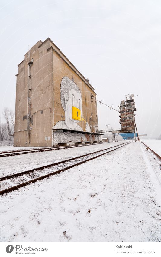 Port of Albern Winter Deserted Industrial plant Brown Yellow Calm Stagnating Change Colour photo Wide angle Graffiti Railroad tracks