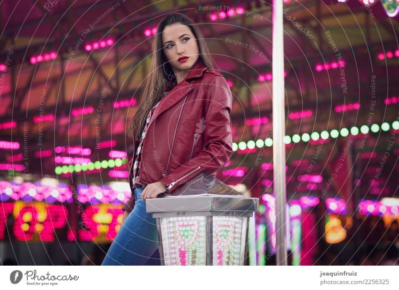 beauty girl in a fair with many lights Lifestyle Joy Happy Beautiful Entertainment Woman Adults Park Happiness White Carousel Amusement Park carnival amusement