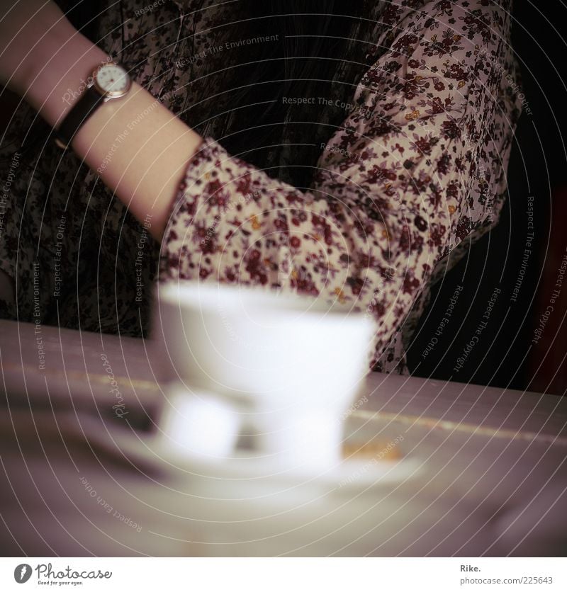 Coffee break. To have a coffee Beverage Hot drink Tea Cup Table Drinking Café Human being Arm 1 Wristwatch Brunette Long-haired Relaxation To enjoy Communicate