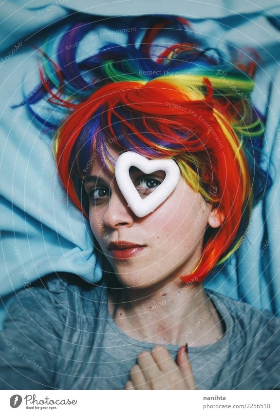 Young woman with a rainbow wig and a hear in her eye Style Design Skin Face Wellness Human being Feminine Homosexual Youth (Young adults) 1 18 - 30 years Adults