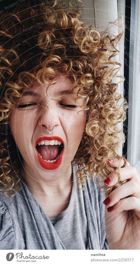 Young woman screaming Hair and hairstyles Skin Face Human being Feminine Youth (Young adults) 1 18 - 30 years Adults T-shirt Piercing Blonde Long-haired Curl