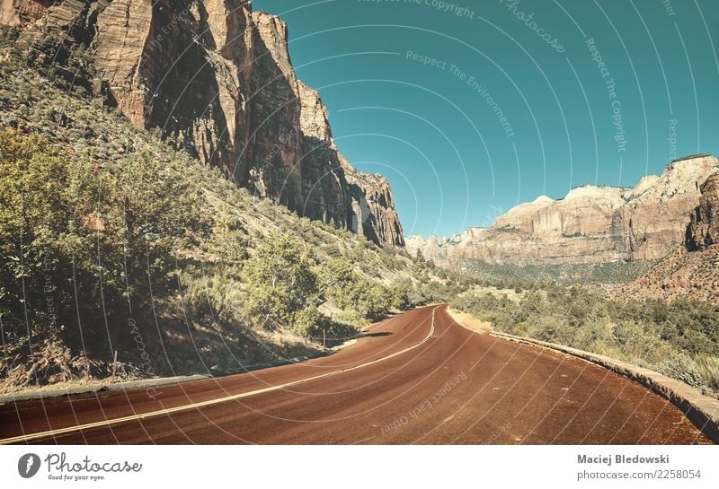 Scenic road in Zion National Park. Vacation & Travel Trip Adventure Freedom Mountain Nature Landscape Hill Rock Lanes & trails Retro Red Inspiration Winding