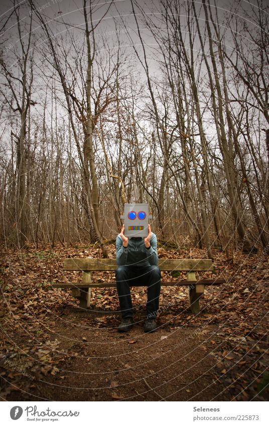I'm not gonna take Robbi! Human being Autumn Tree Forest Sit Wait Loneliness Boredom Whimsical Robot Cardboard Colour photo Exterior shot Day Light Full-length