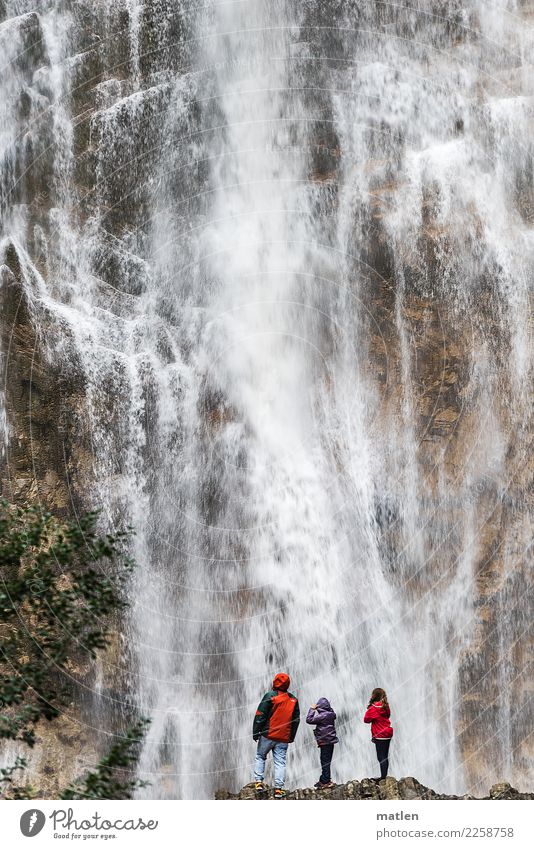shower Human being Masculine Feminine Girl Man Adults 3 Landscape Water Summer Rain Tree Rock Waterfall Stand Gigantic Brown Red Pyrenees White crest