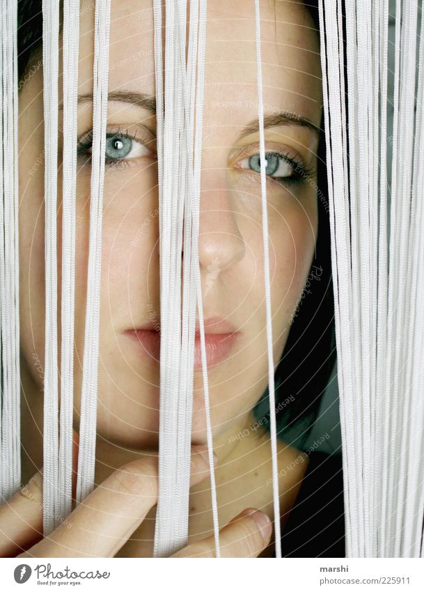 behind bars Human being Feminine Woman Adults Head 1 Looking Grating Drape Concealed Forward Interior shot Portrait photograph Captured Colour photo Face