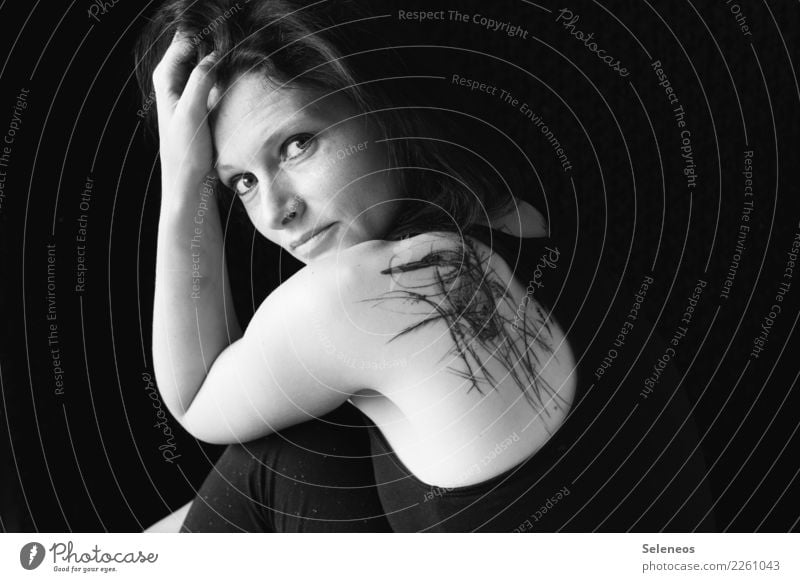 the early bird Contentment Human being Feminine Woman Adults Face Back Arm Shoulder 1 Accessory Tattoo Bird Joie de vivre (Vitality) Black & white photo