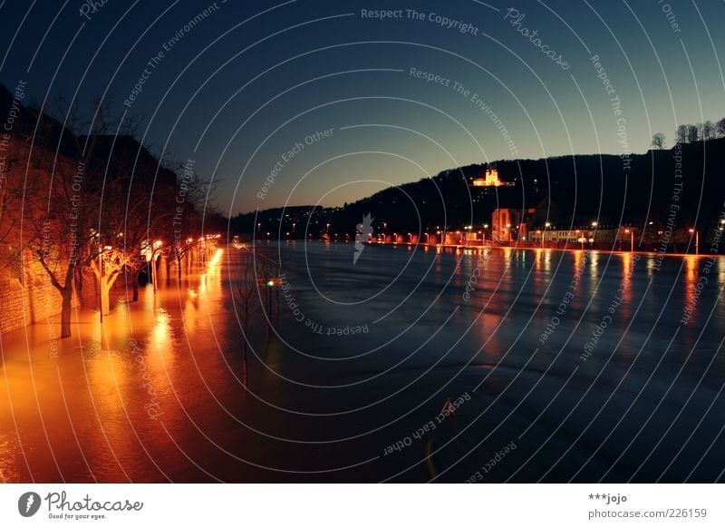 When's the tide coming? Landscape River bank Main Würzburg Town Exceptional Torrents of water Tidal wave Go under Sea promenade Lighting Floodlight Reflection