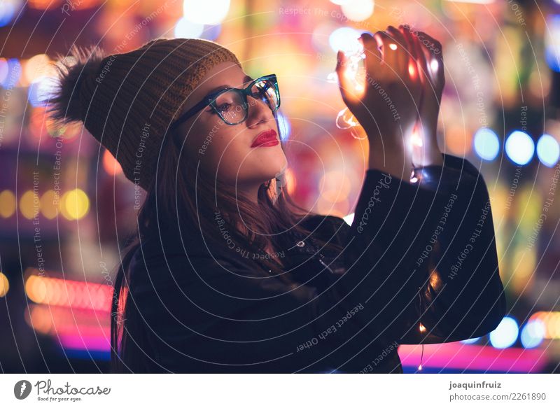 Beauty girl with glasses with little lights in her hands Style Beautiful Face Make-up Woman Adults Hand Fashion Accessory Happiness Modern Magic Lady