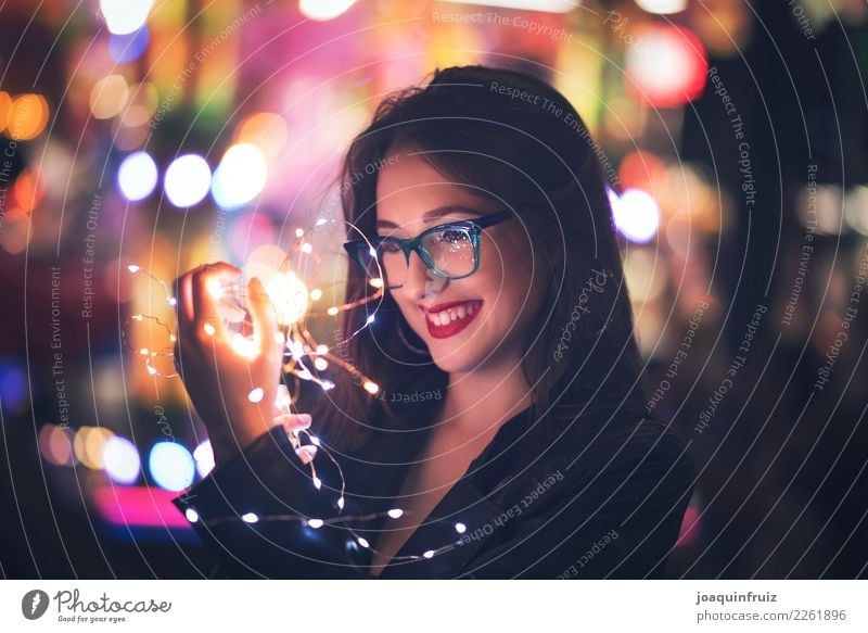 Beauty girl with glasses with little lights in her hands Style Beautiful Face Make-up Woman Adults Hand Fashion Accessory Happiness Modern Magic Lady