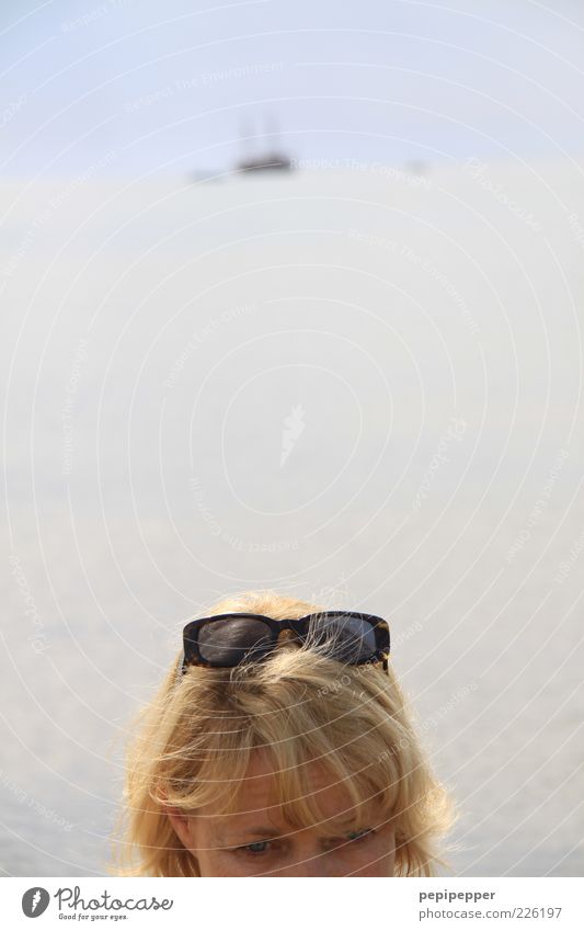 wander far and wide Far-off places Summer Ocean Feminine Woman Adults Head Face Horizon Coast Yacht Sunglasses Blonde Relaxation Colour photo Exterior shot
