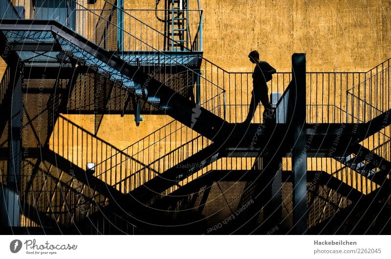 up and down Industrial plant Factory Manmade structures Stairs Facade Going Walking Town Blue Yellow Colour photo Multicoloured Exterior shot