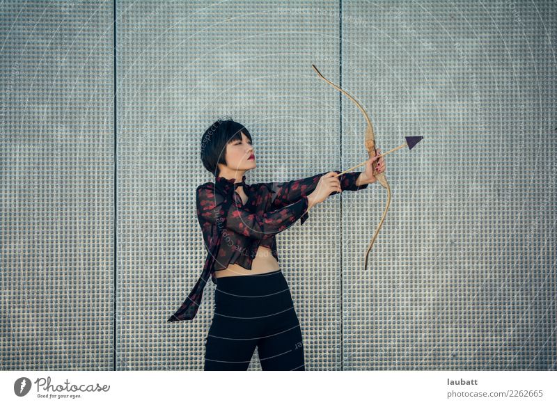 The archer Lifestyle Shopping Style Design Happy Save Playing Hunting Flirt Young woman Youth (Young adults) Bow Arrow Fight Make Throw Self-confident Power