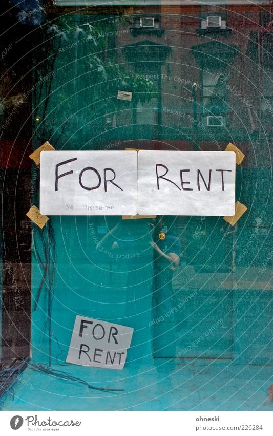 For rent House (Residential Structure) Facade Window Shop window Paper Piece of paper English Characters Signs and labeling Store premises Colour photo