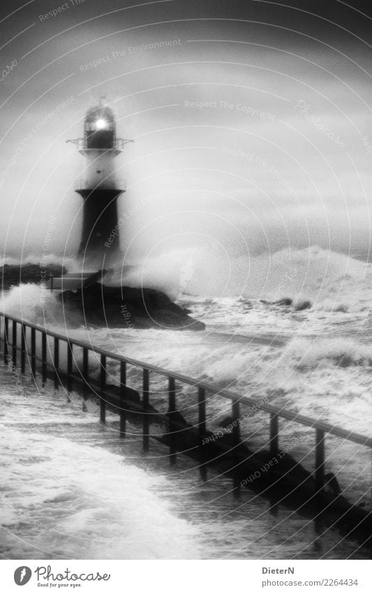 Rough sea Nature Elements Water Sky Clouds Autumn Weather Bad weather Storm Gale Baltic Sea Gray Black White Waves Mole Warnemünde Beacon Lighthouse Handrail